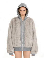 NURO Women's Faux Fur Panel Hooded Jacket, Retro Plush Bomber Style Coat