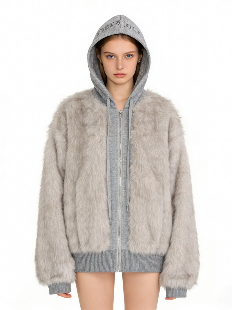 NURO Women's Faux Fur Panel Hooded Jacket, Retro Plush Bomber Style Coat