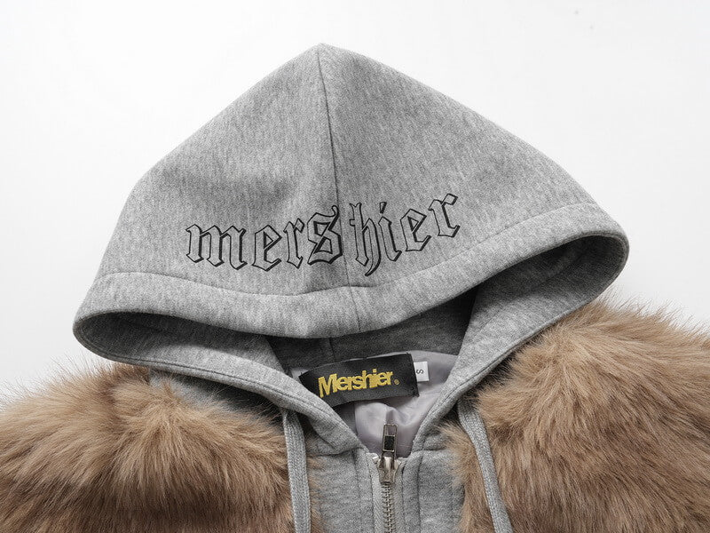 NURO Women's Faux Fur Panel Hooded Jacket, Retro Plush Bomber Style Coat