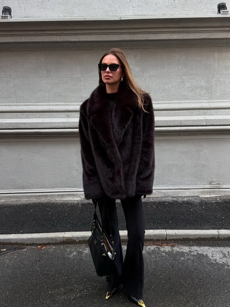 NURO Women's Faux Fur Trench Coat with Notched Collar, Elegant Office Wear Long Jacket, Deep Brown