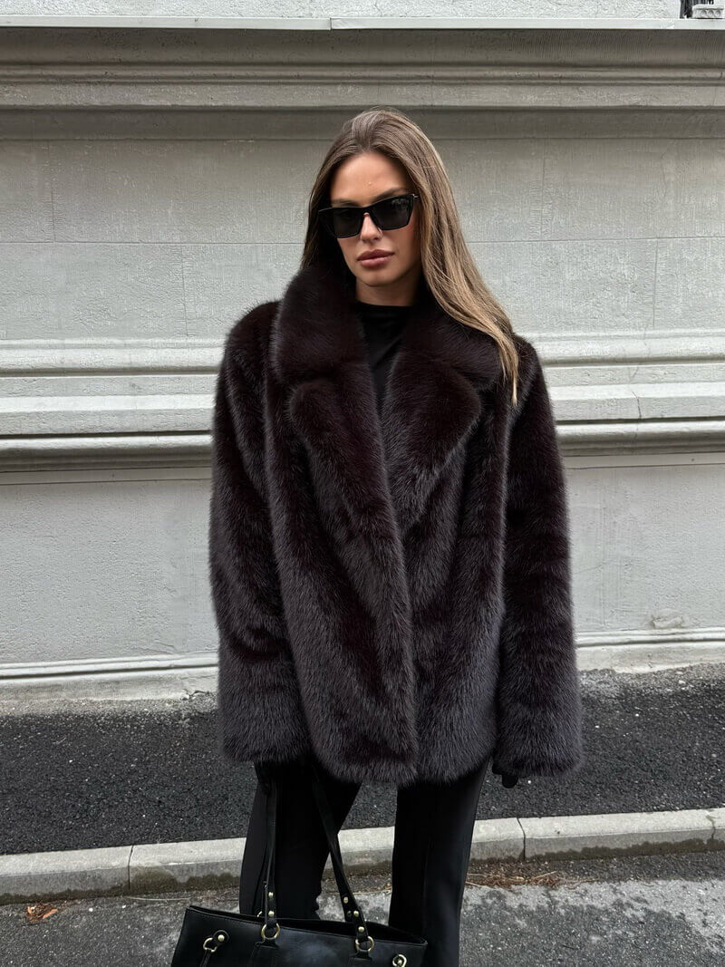 NURO Women's Faux Fur Trench Coat with Notched Collar, Elegant Office Wear Long Jacket, Deep Brown