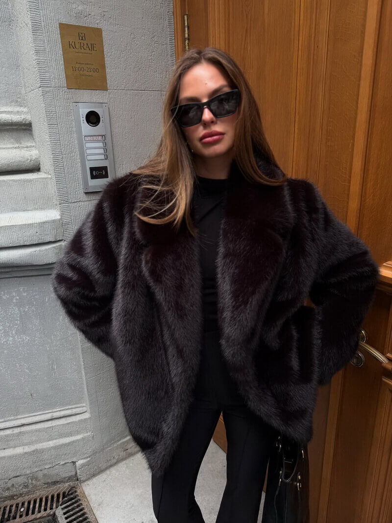 NURO Women's Faux Fur Trench Coat with Notched Collar, Elegant Office Wear Long Jacket, Deep Brown