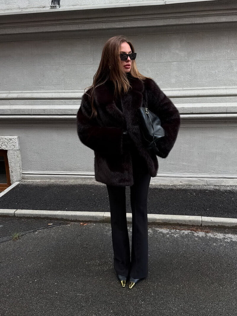 NURO Women's Faux Fur Trench Coat with Notched Collar, Elegant Office Wear Long Jacket, Deep Brown