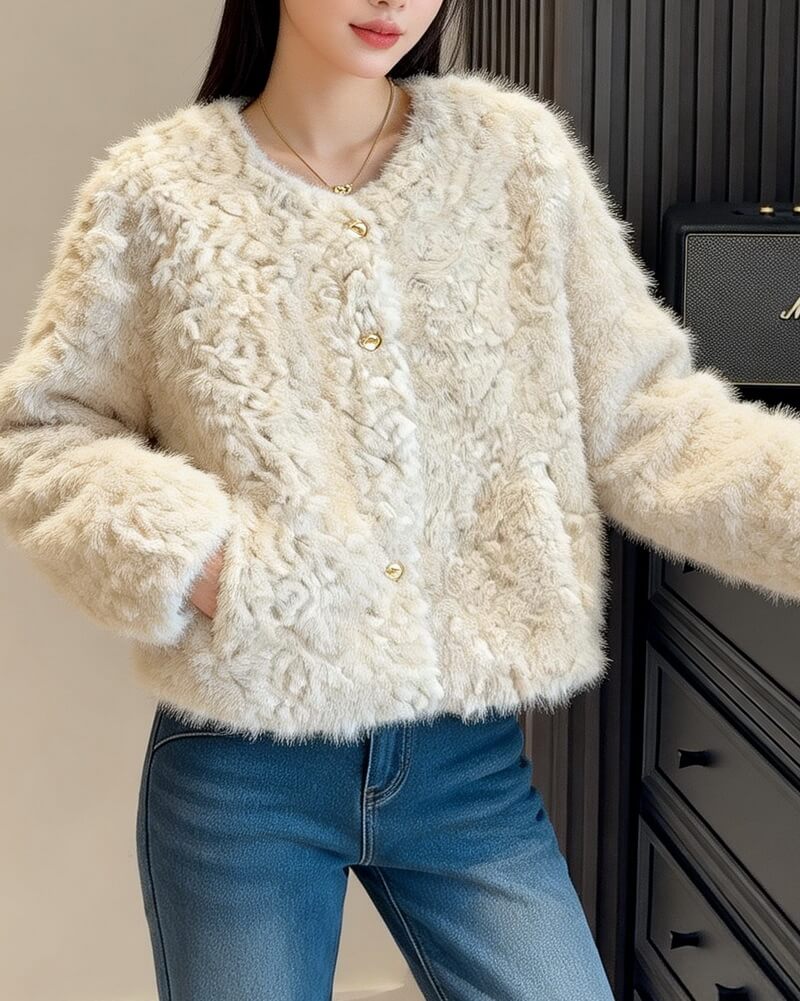 NURO Women's Faux Fur Tweed Jacket – Round Neck Short Coat with Pocket