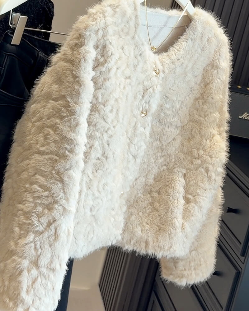 NURO Women's Faux Fur Tweed Jacket – Round Neck Short Coat with Pocket