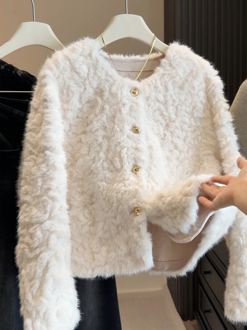 NURO Women's Faux Fur Tweed Jacket – Round Neck Short Coat with Pocket