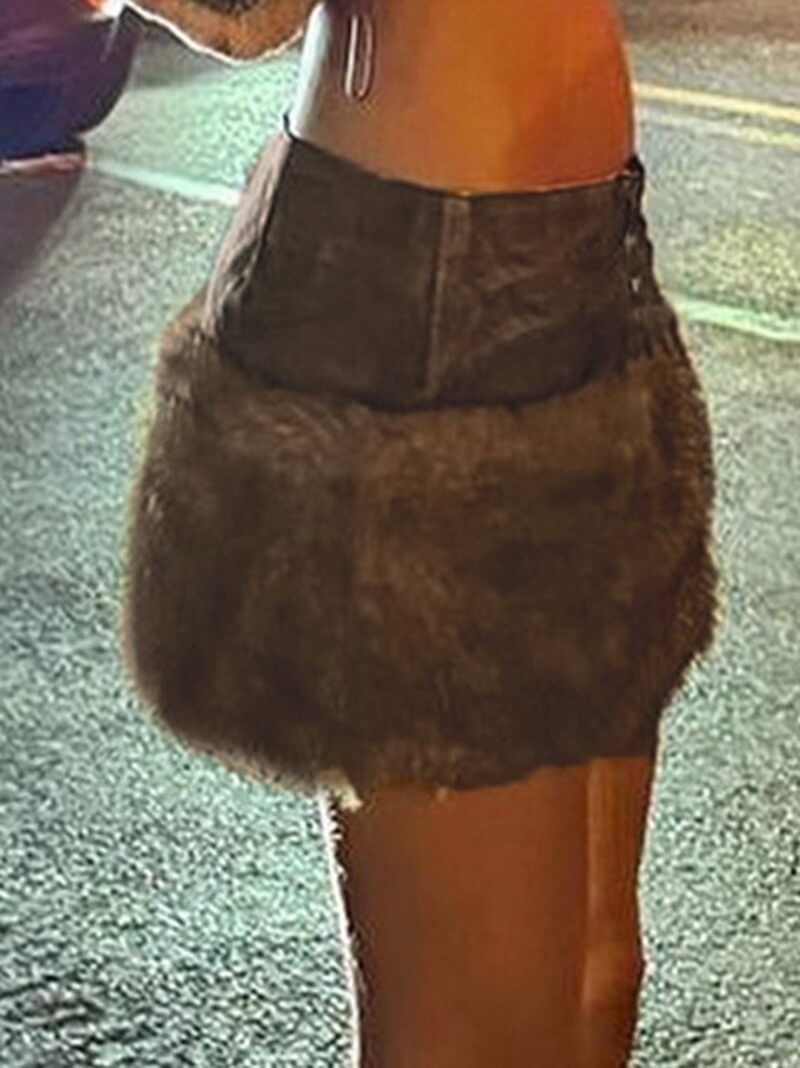 NURO Women's Faux Fur & PU Leather Bodycon Mini Skirt | Low Waist Zipper Detail Skirt | Vintage Style Stretch Short Skirt