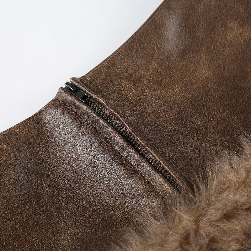 NURO Women's Faux Fur & PU Leather Bodycon Mini Skirt | Low Waist Zipper Detail Skirt | Vintage Style Stretch Short Skirt