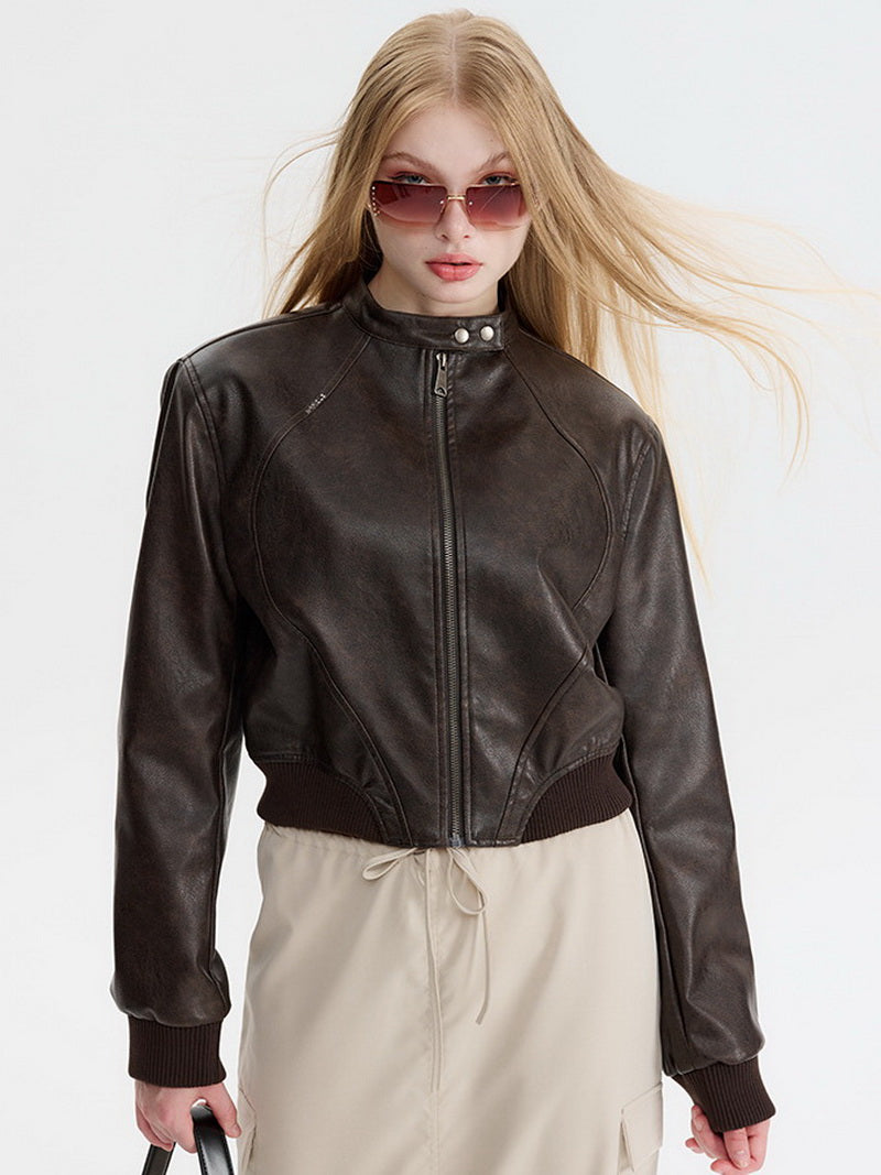 NURO Women's Faux Leather Baseball Jacket, Short Stand Collar Zip-Up PU Jacket for Casual Wear