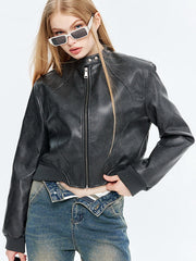 NURO Women's Faux Leather Baseball Jacket, Short Stand Collar Zip-Up PU Jacket for Casual Wear