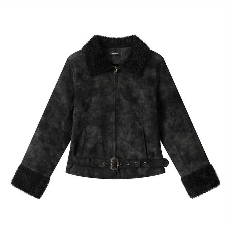 NURO Women's Faux Shearling Collarless Short Jacket, Slim Fit Winter Coat with Belt for Streetwear