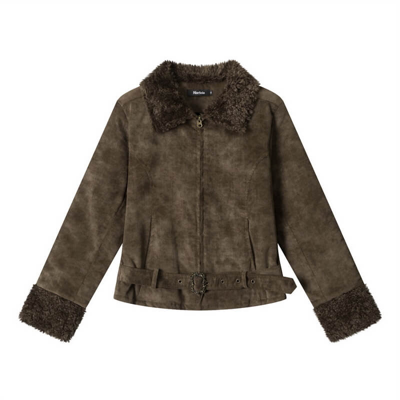 NURO Women's Faux Shearling Collarless Short Jacket, Slim Fit Winter Coat with Belt for Streetwear