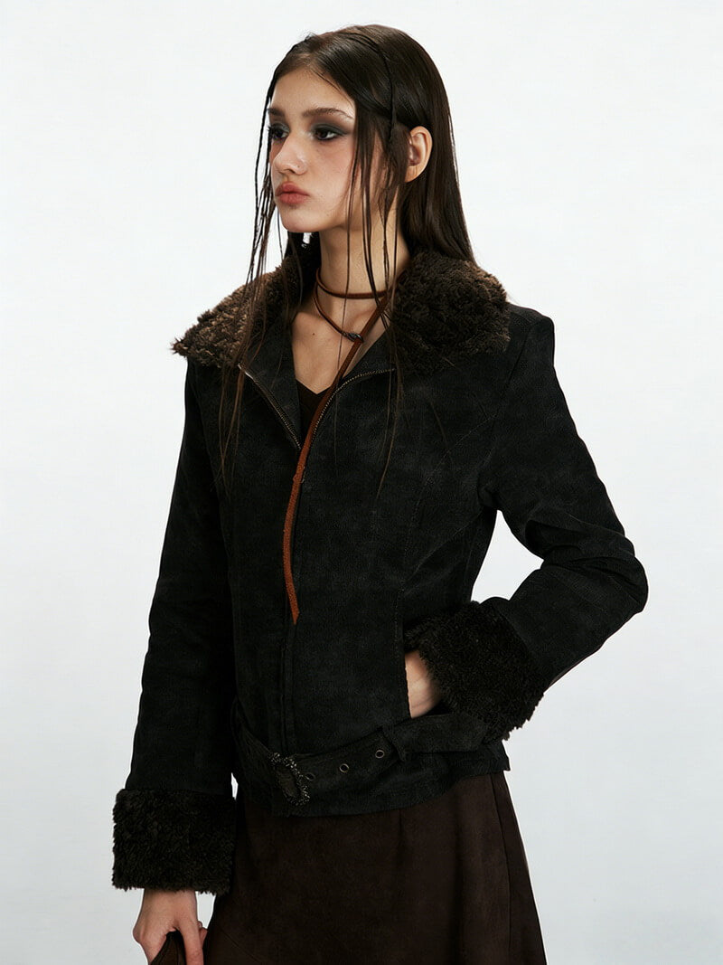 NURO Women's Faux Shearling Collarless Short Jacket, Slim Fit Winter Coat with Belt for Streetwear