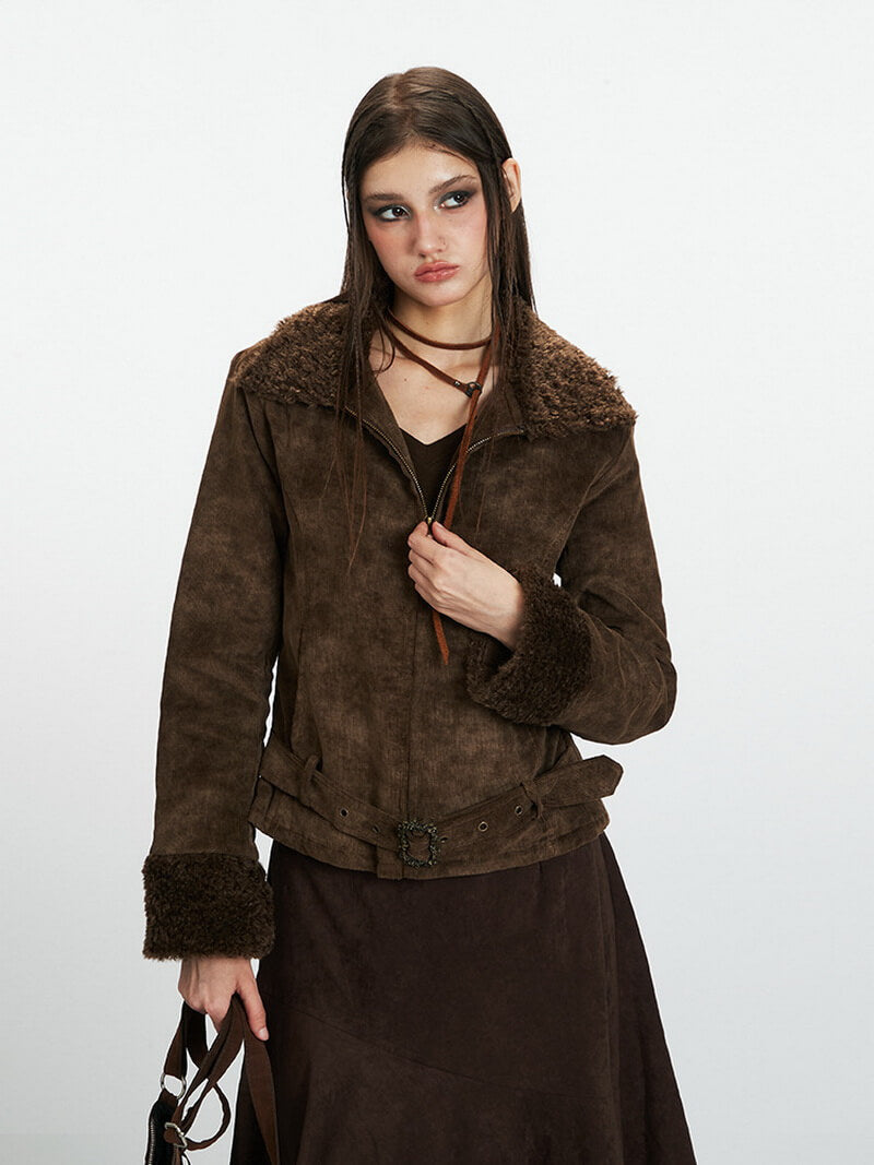 NURO Women's Faux Shearling Collarless Short Jacket, Slim Fit Winter Coat with Belt for Streetwear