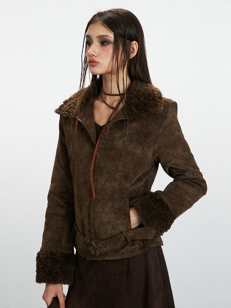 NURO Women's Faux Shearling Collarless Short Jacket, Slim Fit Winter Coat with Belt for Streetwear