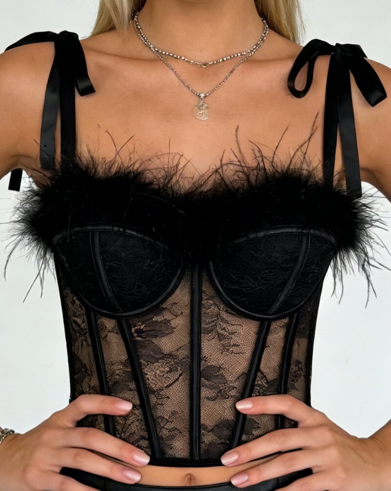NURO Women's Feather Lace Up Back Bustier Top with Bow Detail