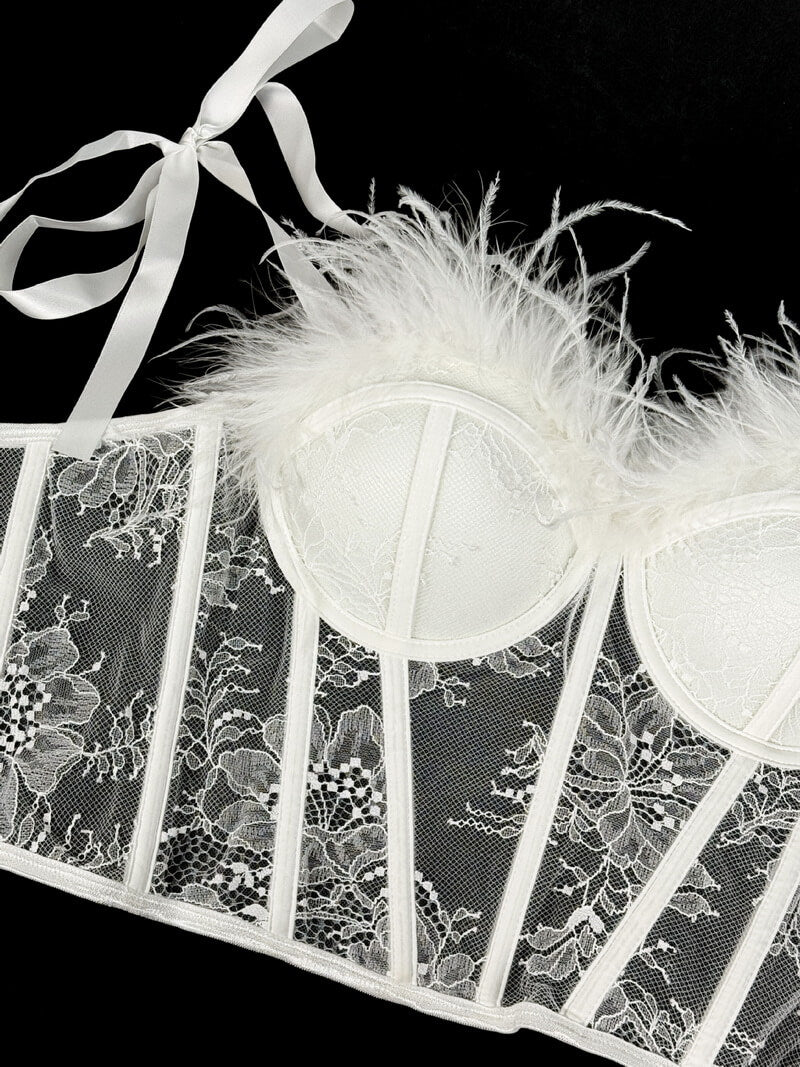 NURO Women's Feather Lace Up Back Bustier Top with Bow Detail