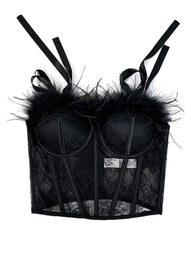 NURO Women's Feather Lace Up Back Bustier Top with Bow Detail