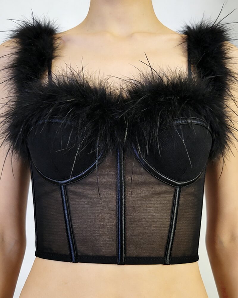 NURO Women's Feather Trim Sheer Mesh Corset Bustier - Strapless Plunging Back Body Shaper