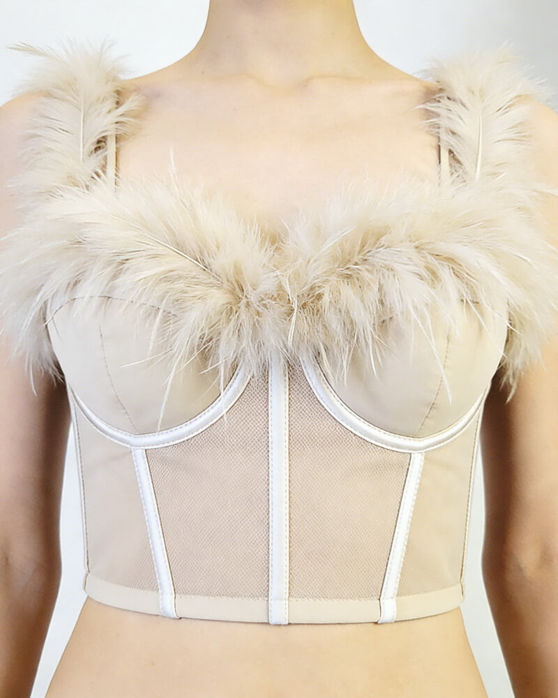 NURO Women's Feather Trim Sheer Mesh Corset Bustier - Strapless Plunging Back Body Shaper