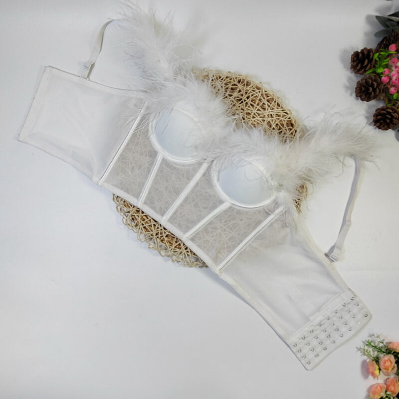 NURO Women's Feather Trim Sheer Mesh Corset Bustier - Strapless Plunging Back Body Shaper