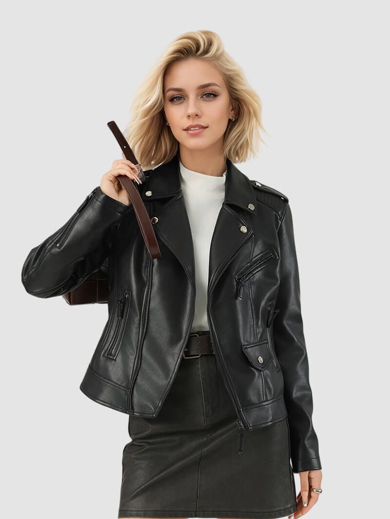 NURO Women's Fitted Round Neck PU Leather Jacket, Zip-Front Slim Fit Biker Style Coat