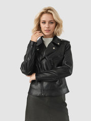 NURO Women's Fitted Round Neck PU Leather Jacket, Zip-Front Slim Fit Biker Style Coat