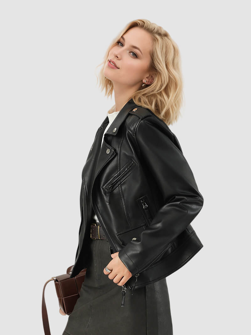 NURO Women's Fitted Round Neck PU Leather Jacket, Zip-Front Slim Fit Biker Style Coat