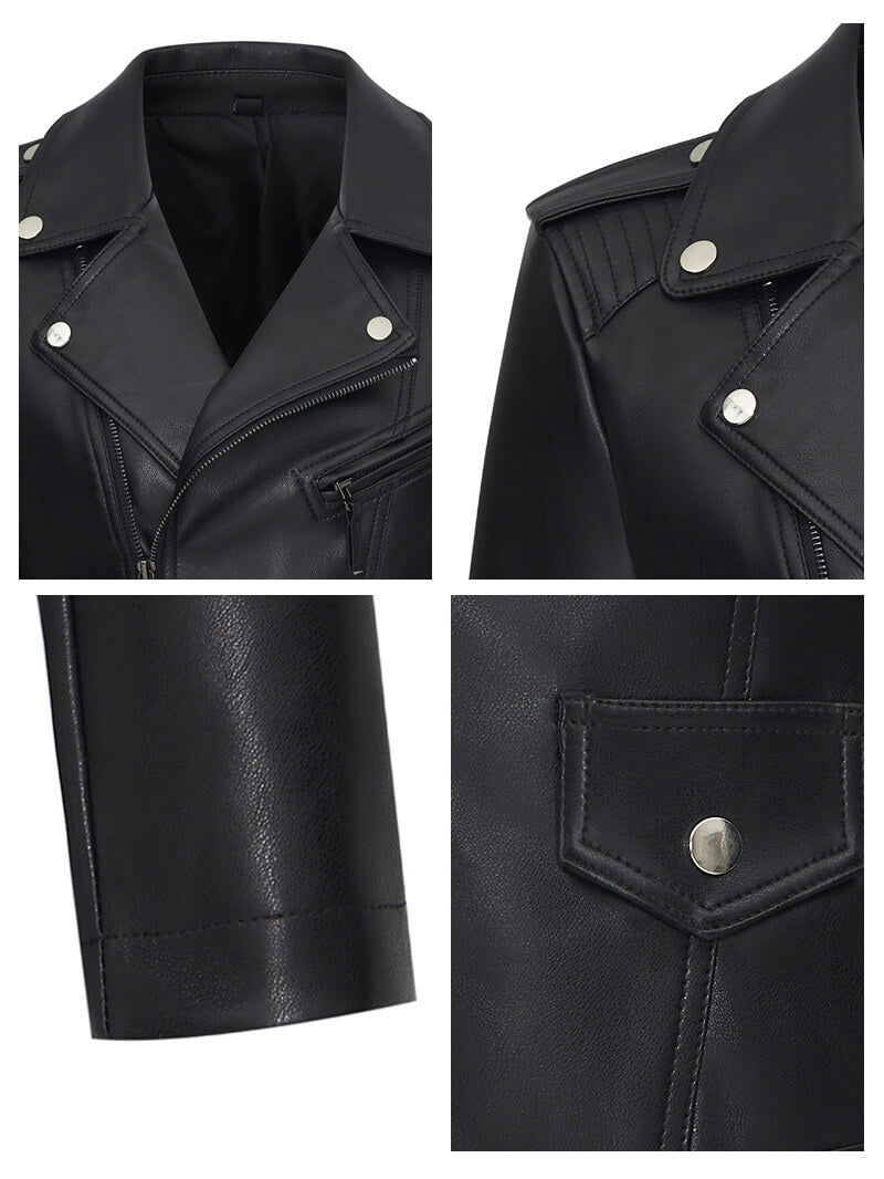 NURO Women's Fitted Round Neck PU Leather Jacket, Zip-Front Slim Fit Biker Style Coat