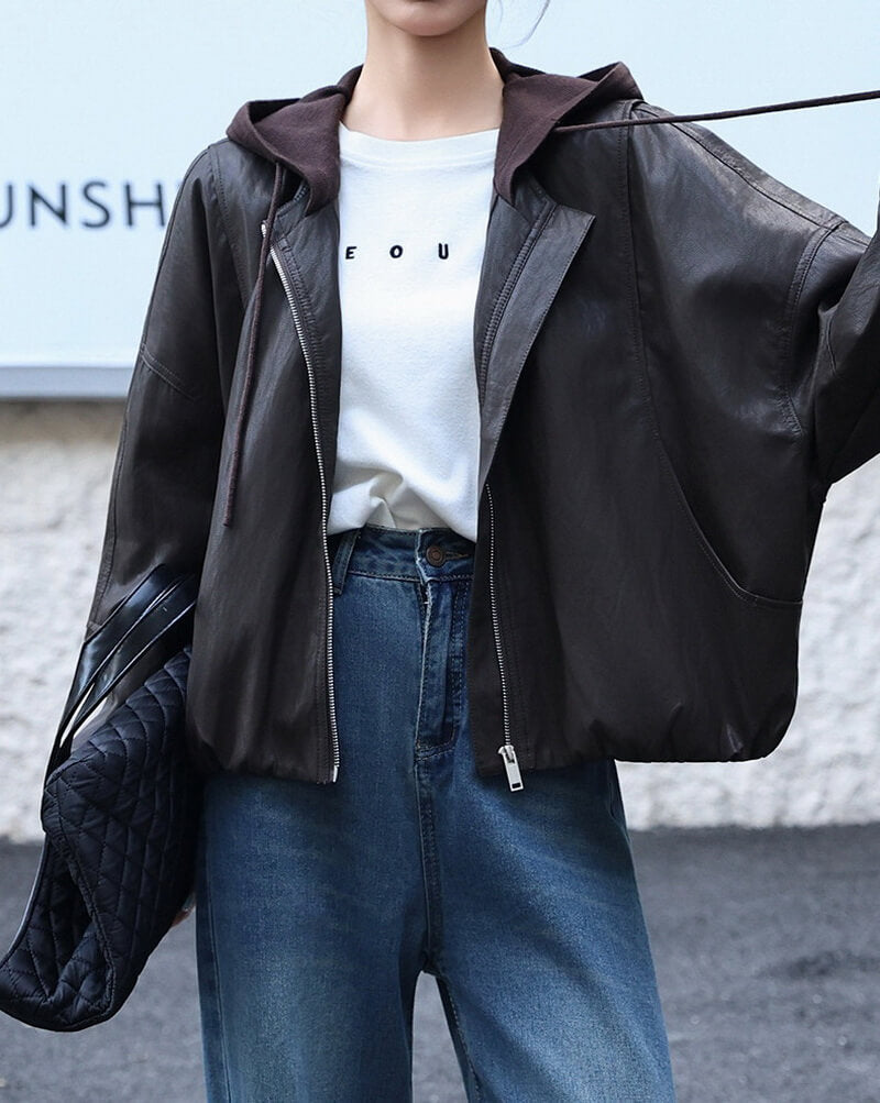 NURO Women's Fleece Lined Hooded PU Leather Jacket Short Loose Fit Coat