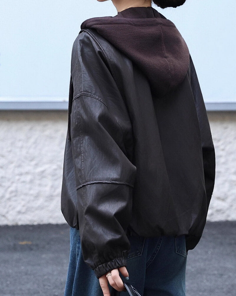 NURO Women's Fleece Lined Hooded PU Leather Jacket Short Loose Fit Coat