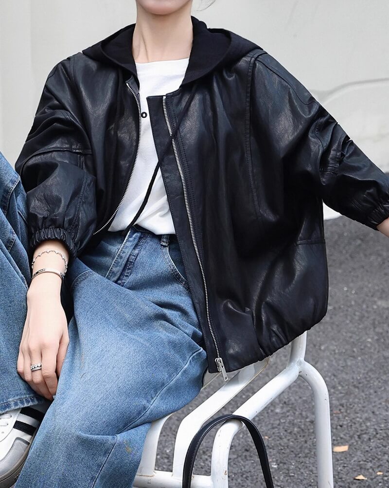 NURO Women's Fleece Lined Hooded PU Leather Jacket Short Loose Fit Coat