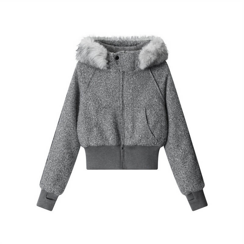 NURO Women's Fleece Lined Hooded Short Jacket with Fur Collar, Zip-Up Winter Coat for Streetwear
