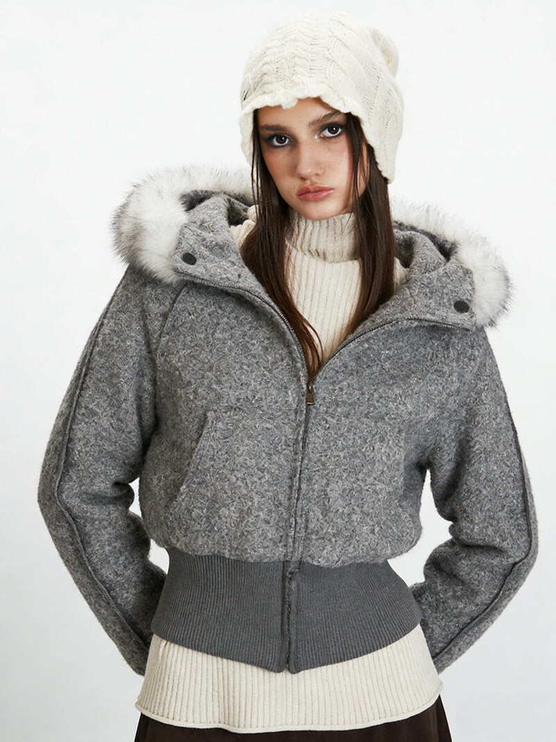 NURO Women's Fleece Lined Hooded Short Jacket with Fur Collar, Zip-Up Winter Coat for Streetwear