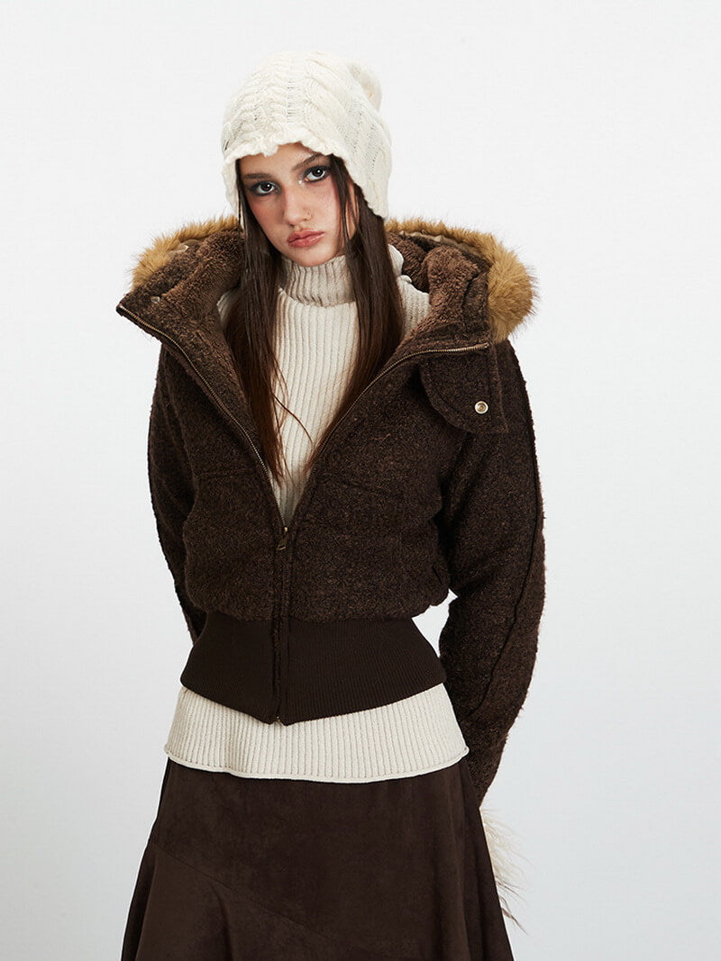 NURO Women's Fleece Lined Hooded Short Jacket with Fur Collar, Zip-Up Winter Coat for Streetwear