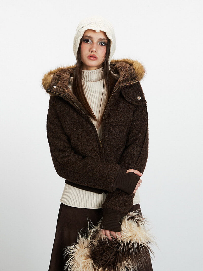 NURO Women's Fleece Lined Hooded Short Jacket with Fur Collar, Zip-Up Winter Coat for Streetwear