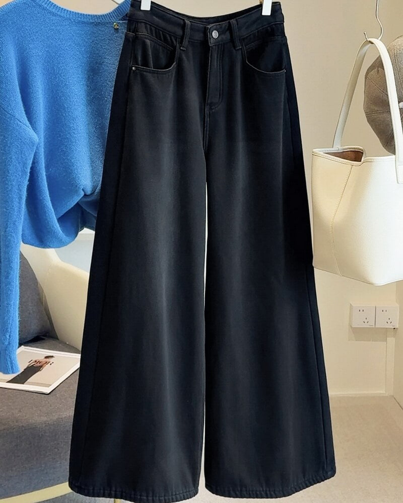 NURO Women's Fleece Lined Wide Leg Jeans – High Waist Flowy Straight Leg Pants