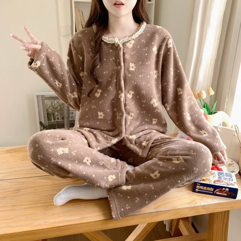 NURO Women's Fleece Loungewear Set, Ultra Soft Sherpa Sleepwear, Long Sleeve Thick Pajamas for Winter and Fall, Cozy Home Wear with Outdoor Style
