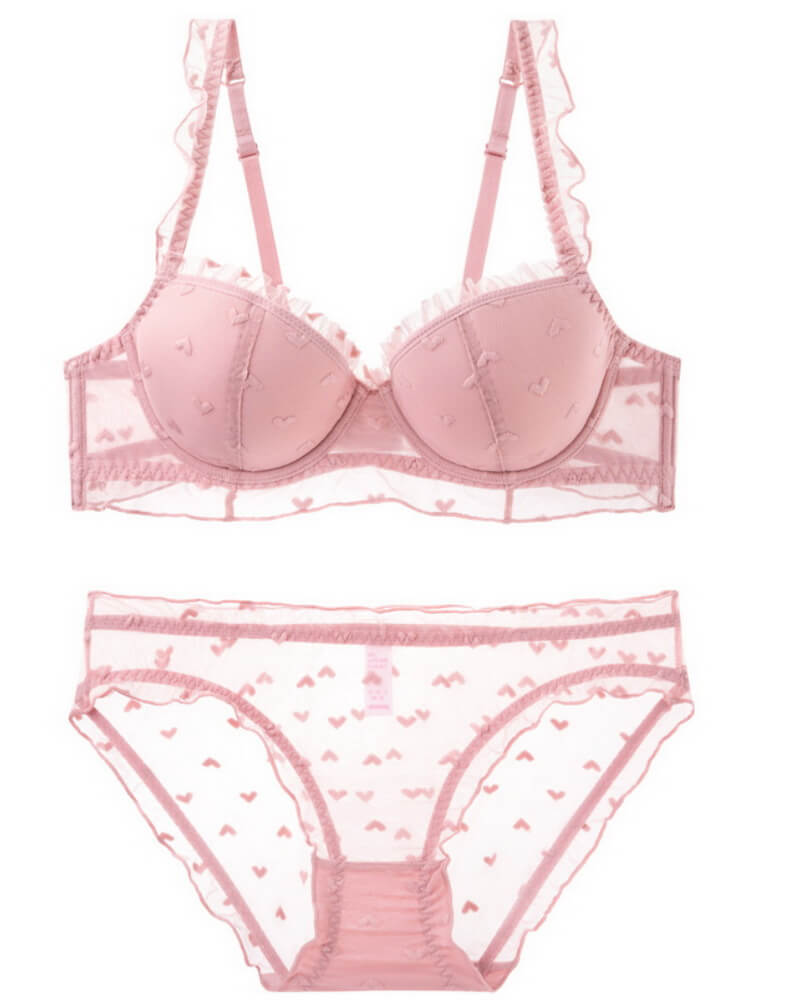 NURO Women's Flocked Heart Embroidered French Push-Up Bra Set