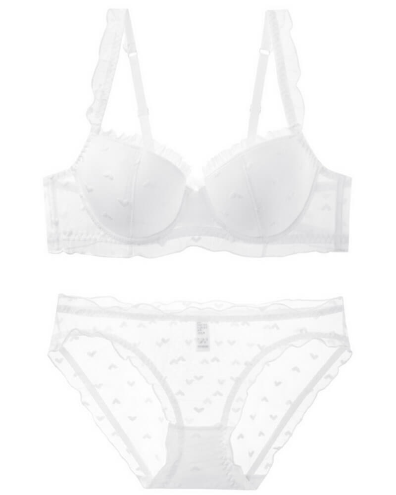 NURO Women's Flocked Heart Embroidered French Push-Up Bra Set