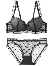 NURO Women's Flocked Heart Embroidered French Push-Up Bra Set