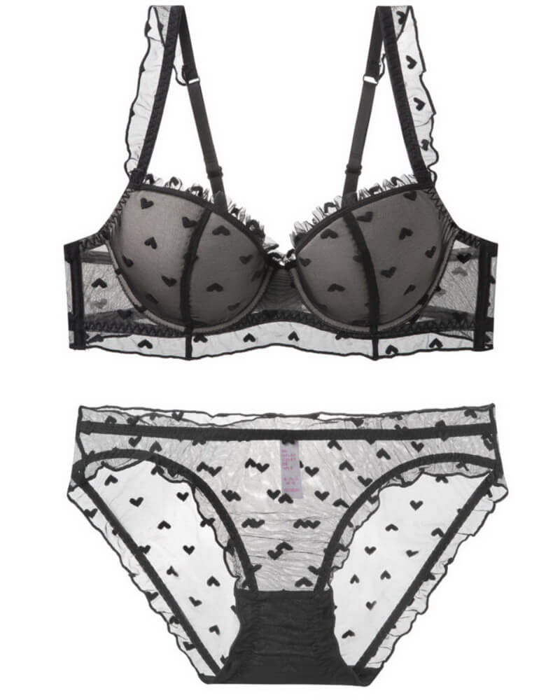 NURO Women's Flocked Heart Embroidered French Push-Up Bra Set