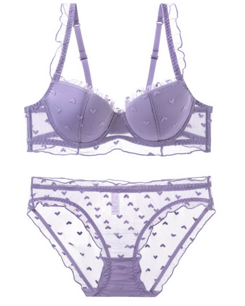 NURO Women's Flocked Heart Embroidered French Push-Up Bra Set
