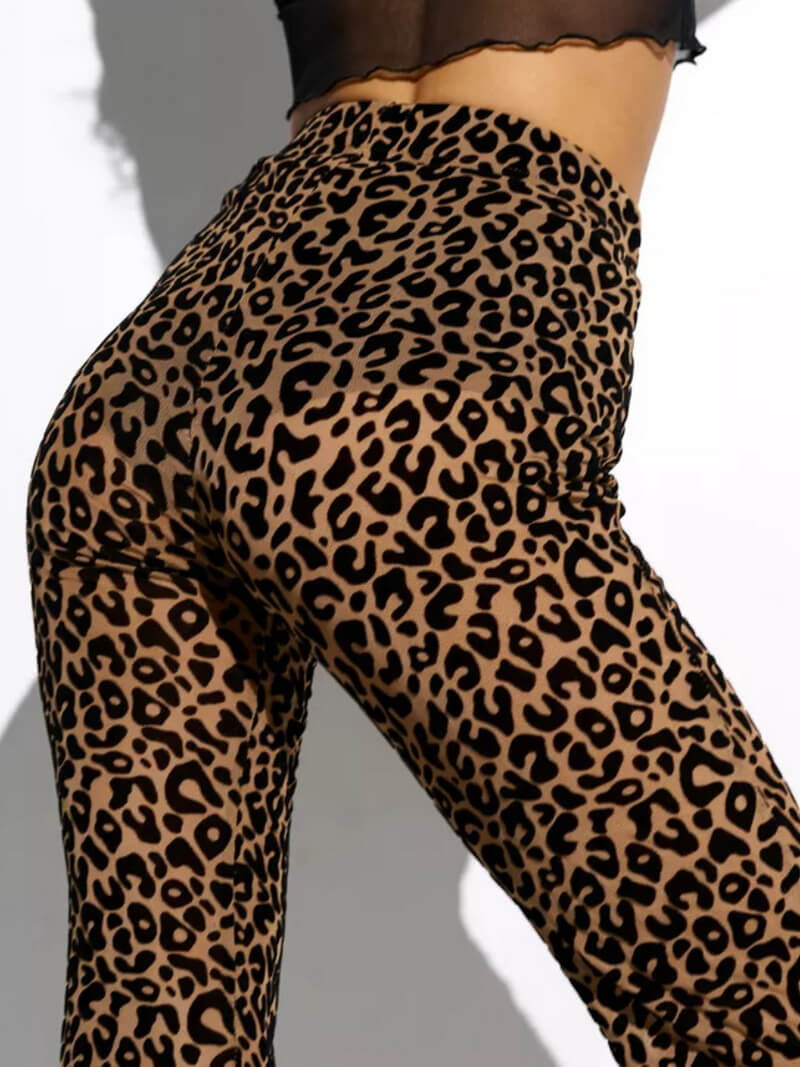 NURO Women's Flocked Sheer Mesh High-Waist Flare Leg Pants