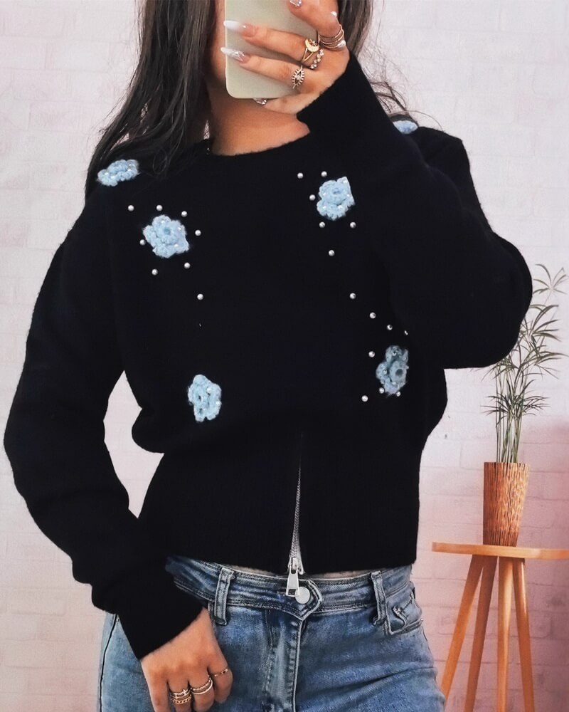 NURO Women's Floral Knit Pullover - Long Sleeve Lightweight Sweater, Casual Everyday Top