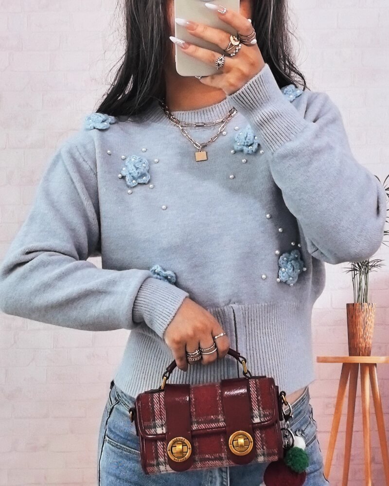 NURO Women's Floral Knit Pullover - Long Sleeve Lightweight Sweater, Casual Everyday Top