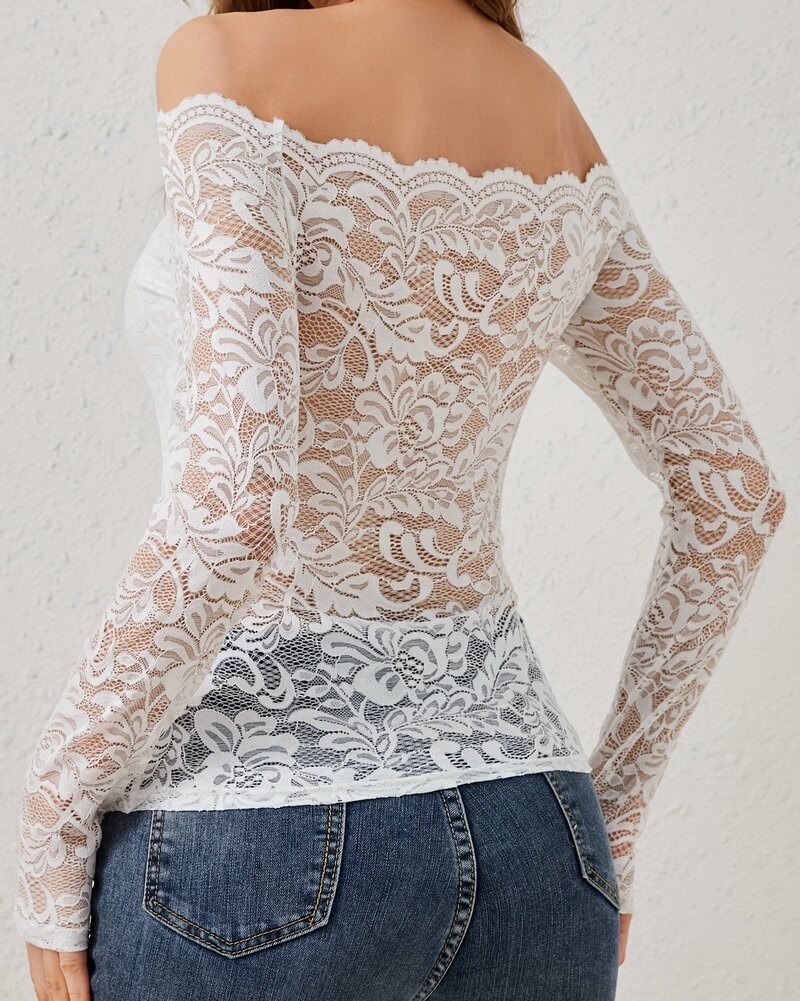 NURO Women's Flounce Hem Off-Shoulder Lace Slim-Fit Long Sleeve Top
