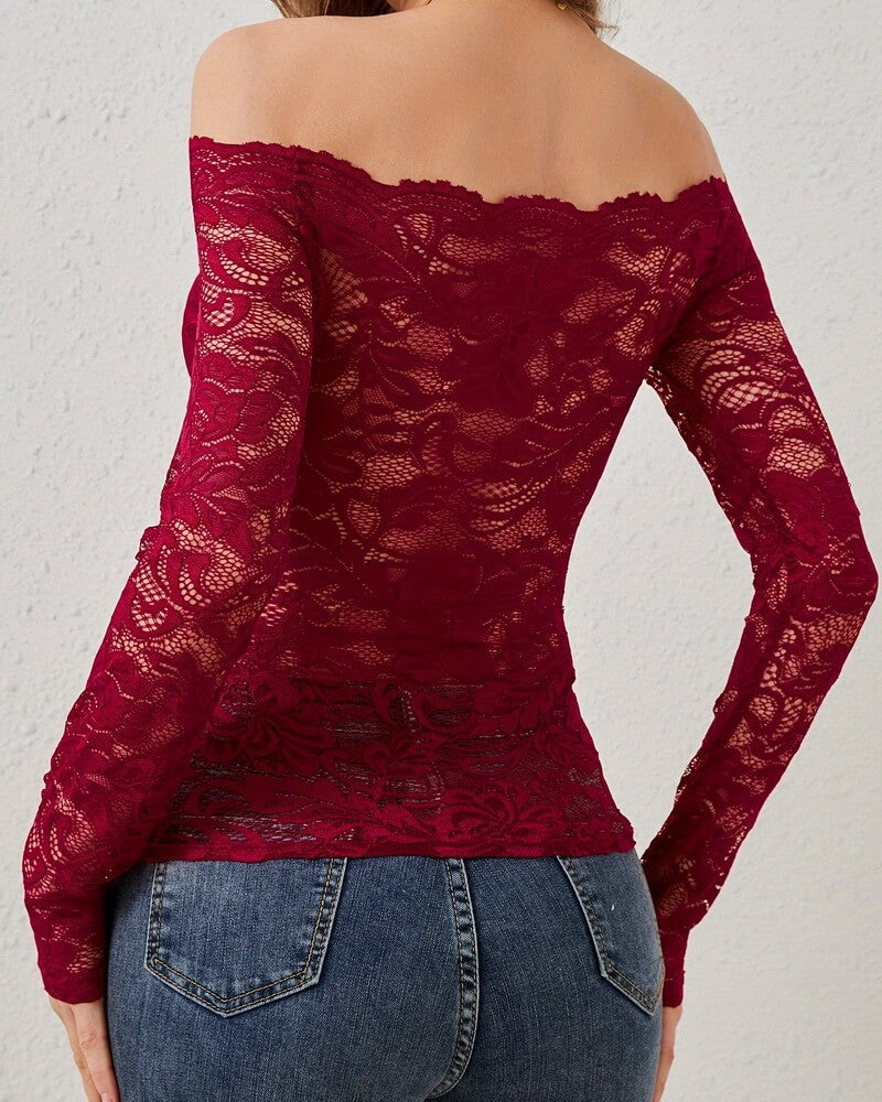 NURO Women's Flounce Hem Off-Shoulder Lace Slim-Fit Long Sleeve Top