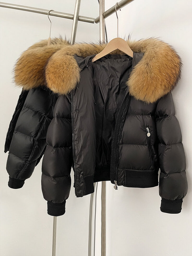 NURO Women's Fox Fur Collar Short Down Jacket - Slim Fit Thermal Puffer Coat with Detachable Hood