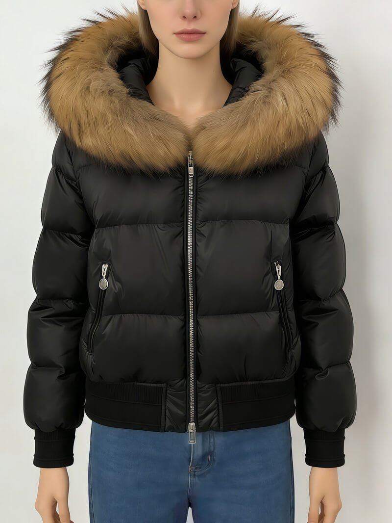 NURO Women's Fox Fur Collar Short Down Jacket | White Duck Feather Winter Coat | Cropped Hooded Puffer Jacket